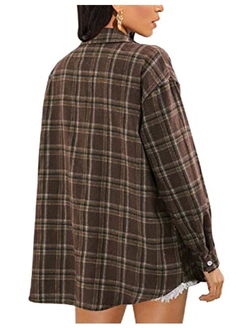 TieBnss Plaid Flannel Shirts for Women Oversized Long Sleeve Button Down Buffalo Plaid Shirt Blouse Tops