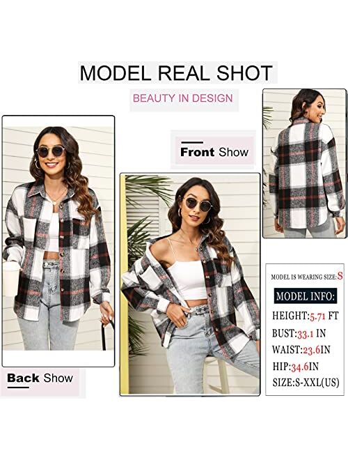 Beaully Womens Casual Plaid Shackets Brushed Flannel Button Down Pocketed Shirt Jacket Coats