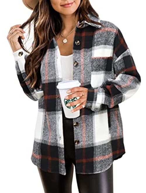 Beaully Womens Casual Plaid Shackets Brushed Flannel Button Down Pocketed Shirt Jacket Coats