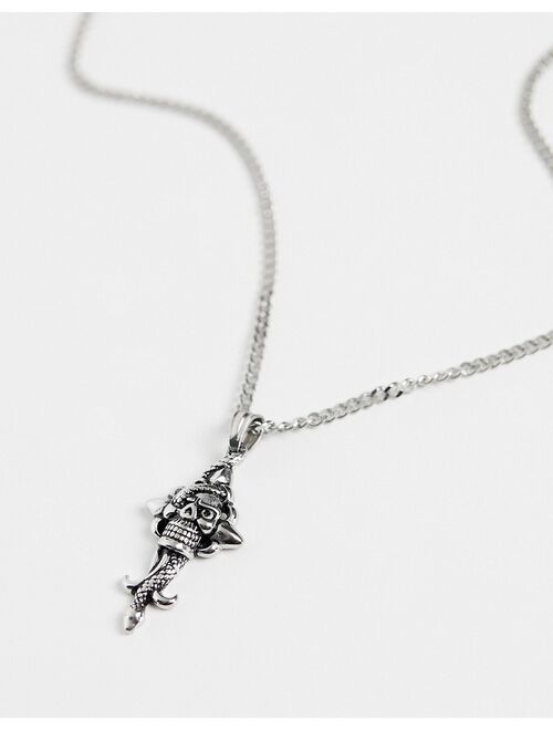 ASOS DESIGN waterproof stainless steel necklace with skull and snake cross pendant in burnished silver tone