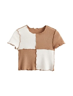 Girl's Rib Knit Color Block Crop Tee Short Sleeve Lettuce Trim Crewneck Tshirt