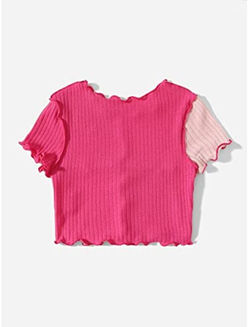 Milumia Girl's Rib Knit Color Block Crop Tee Short Sleeve Lettuce Trim Crewneck Tshirt