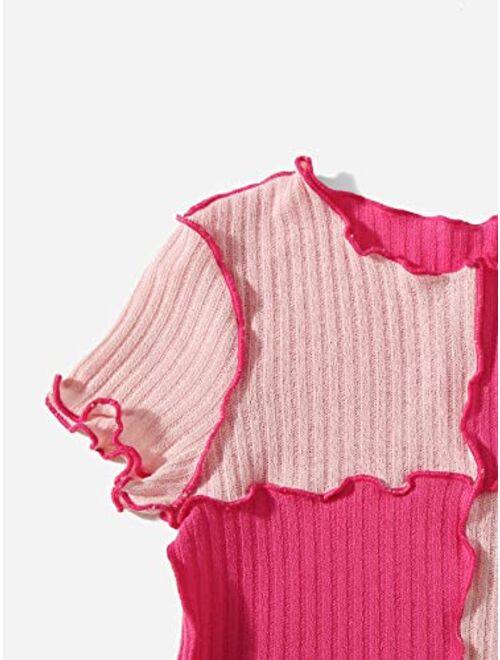 Milumia Girl's Rib Knit Color Block Crop Tee Short Sleeve Lettuce Trim Crewneck Tshirt