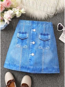 Tween Girl Flap Pocket Button Front Denim-Effect Print Skirt