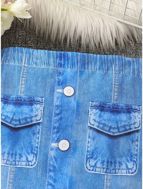 Shein Tween Girl Flap Pocket Button Front Denim-Effect Print Skirt