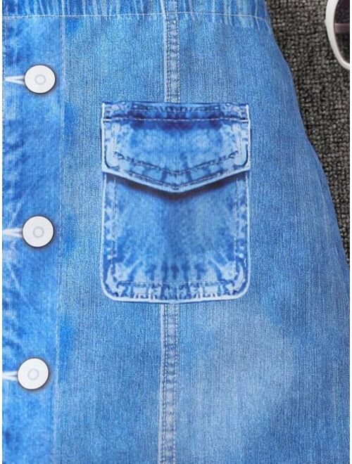 Shein Tween Girl Flap Pocket Button Front Denim-Effect Print Skirt