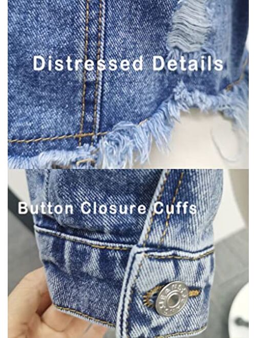Nihsatin Women's Puff Sleeve Denim Jacket Pockets Front Button Down Crop Jean Coat