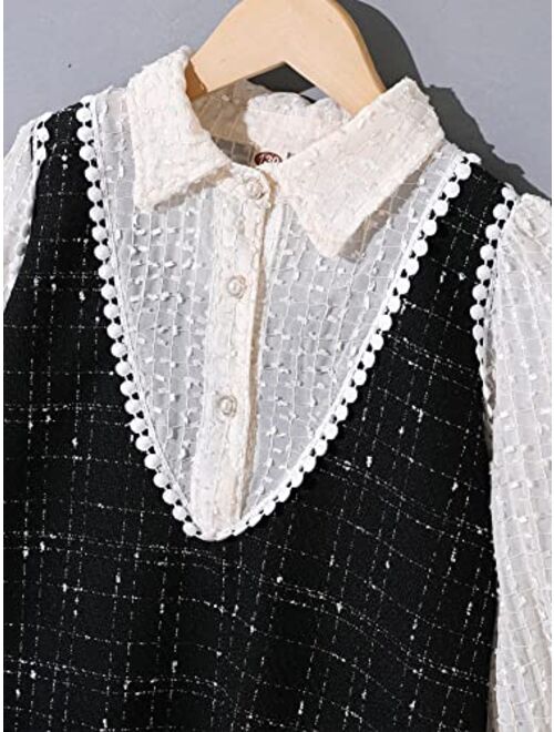 WDIRARA Girl's Plaid Flounce Sleeve Collared Tweed Frill Trim Button Front Shirt Dress