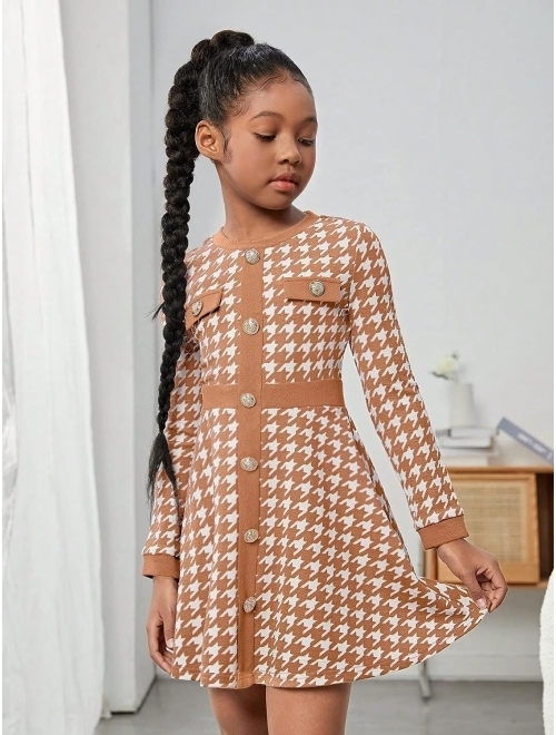 WDIRARA Girl's Houndstooth Print Button Front Long Sleeve Flare Hem A Line Short Dress