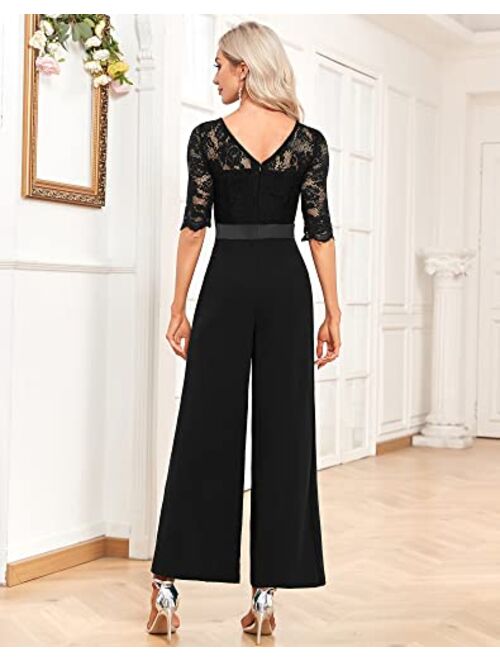 AQZ Womens Elegant Jumpsuits For Women Dressy Wedding Party One Piece Jumpsuit Wide Leg Formal Rompers Long Lace Sleeve Belt