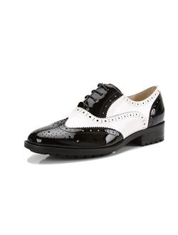 U-lite Women's Perforated Lace-up Wingtip Close Front Leather Flat Oxfords Vintage Oxford Shoes