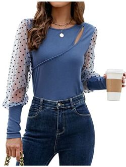 Women's Puff Sleeve Tops Cut Out Sexy Casual Leopard Print Sheer Mesh Long Sleeve Shirts Dressy Blouses