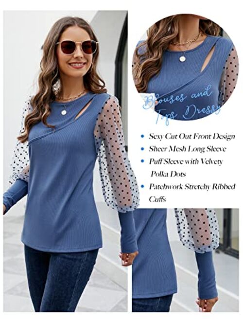 Blooming Jelly Women's Puff Sleeve Tops Cut Out Sexy Casual Leopard Print Sheer Mesh Long Sleeve Shirts Dressy Blouses