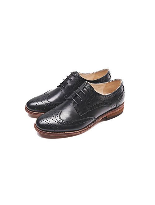 U-Lite Women's Perforated Classic Lace-up Oxfords Brogue Wingtip Round Toe Derby Saddle Leather Shoes for Women Girls Lady Wife