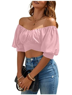 Womens Off The Shoulder Crop Tops Summer Sexy Blouses Puff Sleeve Cute Shirts Bow Tie Trendy Top 2023