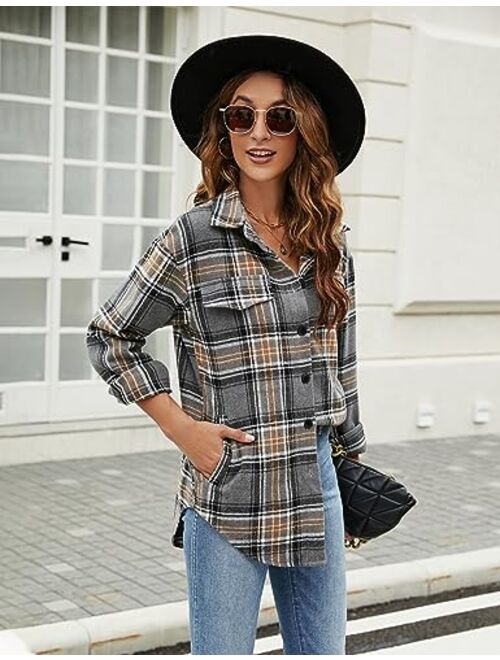 Blooming Jelly Womens Flannel Plaid Shirt Button Down Long Sleeve Shackets Winter Jackets 2023