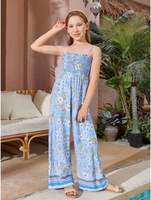 WDIRARA Girl's Floral Print Wide Leg Smocked Sleeveless Summer Boho Flowy Jumpsuit