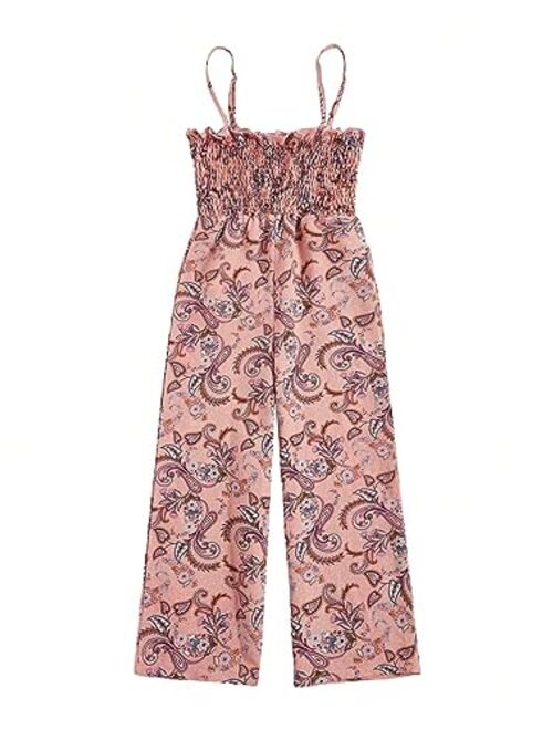 WDIRARA Girl's Floral Print Wide Leg Smocked Sleeveless Summer Boho Flowy Jumpsuit