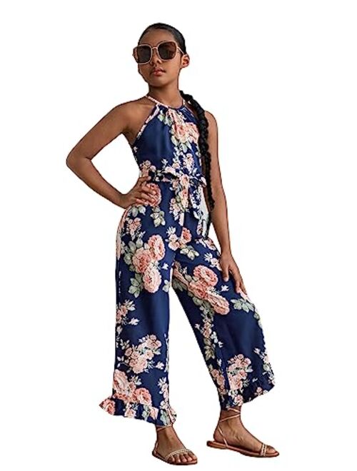 WDIRARA Girl's Floral Print Halter Neck Sleeveless Ruffle Hem Belted Flare Leg Jumpsuit Pants