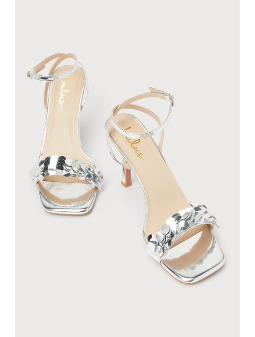 Lulus Seequine Silver Sequin High Heel Ankle Strap Sandals