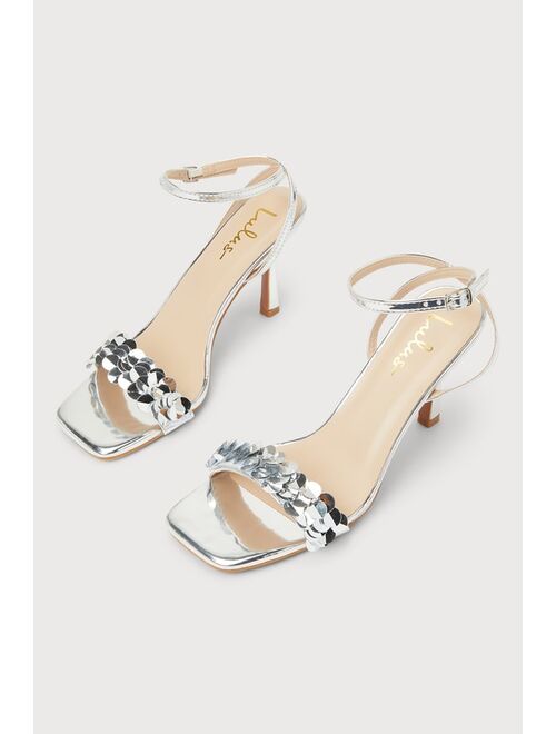 Lulus Seequine Silver Sequin High Heel Ankle Strap Sandals
