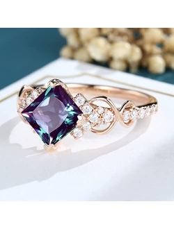 Bbbgem Solid 10k/14k/18k Rose Gold Princess Cut Color-Change Alexandrite Engagement Ring Half Eternity Moissanite Diamond Wedding Ring Unique Infinity Love June Birthston