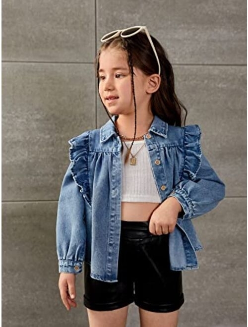 WDIRARA Toddler Girl's Ruffle Trim Collared Long Sleeve Button Up Denim Shirt Jacket