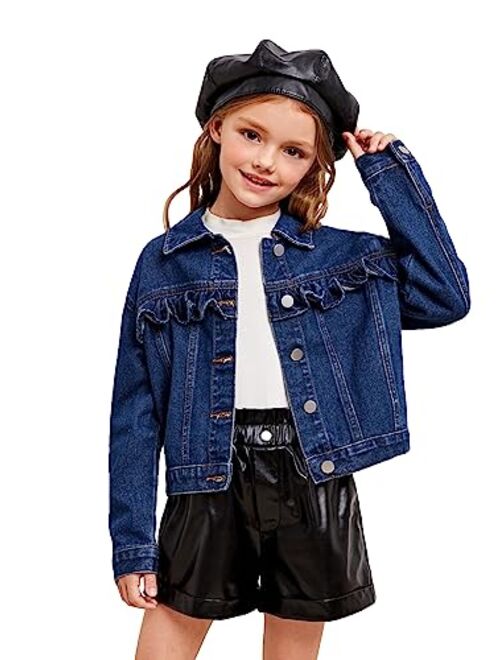 WDIRARA Toddler Girl's Ruffle Trim Collared Long Sleeve Button Up Denim Shirt Jacket