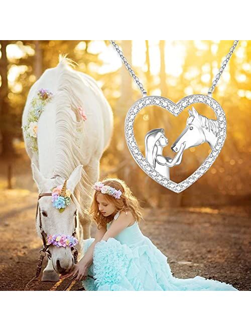 Luckilemon Girl and Horse Pendant Necklace for Girls Crystal Heart Pendant Necklaces Jewelry Gifts for Horse Lovers Girls Daughter Granddaughter Niece Birthday