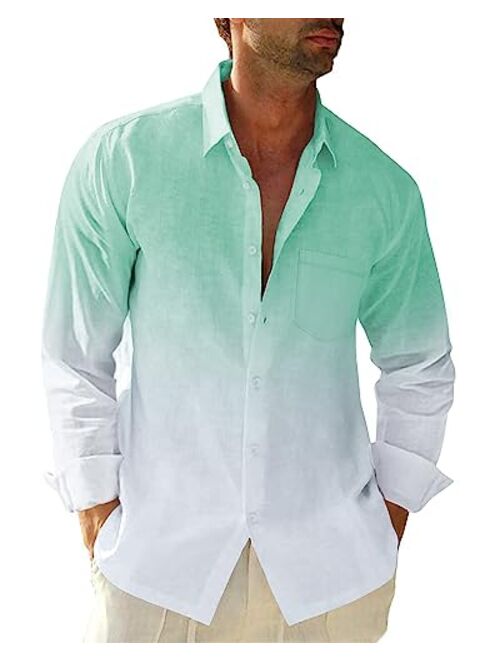 Beotyshow Mens Gradient Linen Shirts Casual Button Down Short Sleeve Beach Summer Shirts