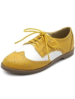 Ollio Women's Flat Shoe Wingtip Lace Up Two Tone Oxford