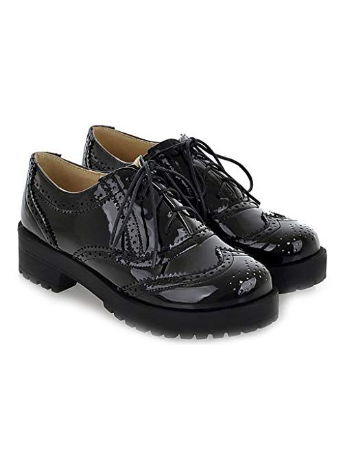 MIOKE Women's Two Tone Lace Up Oxfords Shoes Patent Leather Round Toe Comfy Low Heel Classic Oxford Brogues