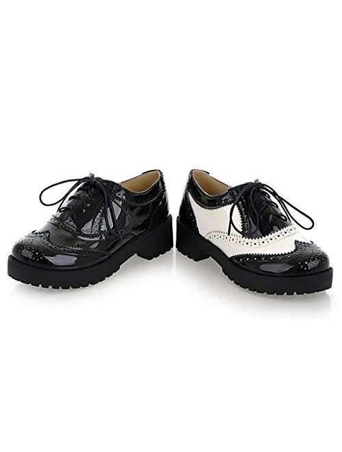 MIOKE Women's Two Tone Lace Up Oxfords Shoes Patent Leather Round Toe Comfy Low Heel Classic Oxford Brogues