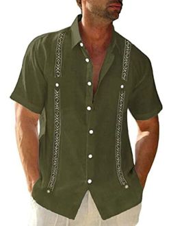Beotyshow Cuban Guayabera Shirts for Men Mexican Style Short/Long Sleeve Linen Beach Button Down Shirts for Men