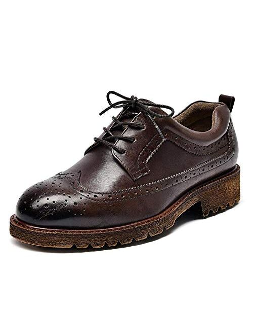 Beautoday Beau Today Women's Platform Brogue Leather Oxfords Shoes Lace Up Wingtip Shoes for Ladies