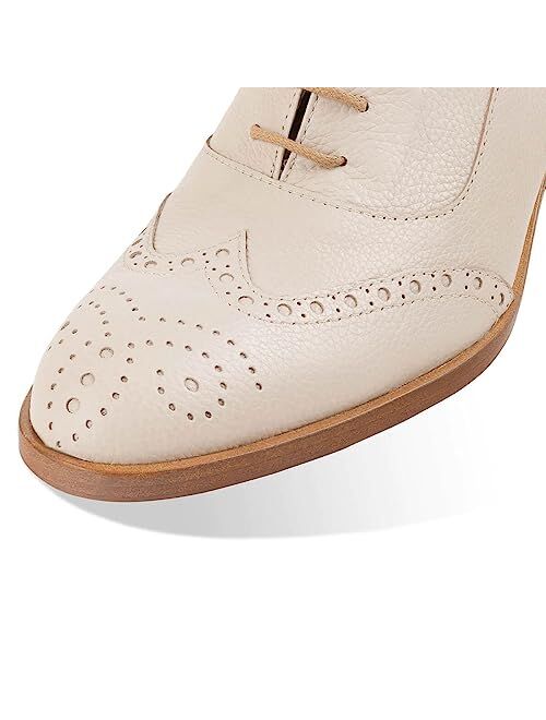 FOWT Women's Perforated Lace-Up Oxfords Almond Toe Mid Chunky Heel Brogues Casual Unisex Derby Saddle Shoes for Office Vacation Business US Size 4-16