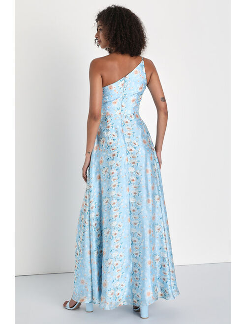 Lulus Bloom Into Love Blue Floral Organza One-Shoulder Maxi Dress