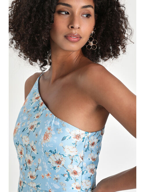 Lulus Bloom Into Love Blue Floral Organza One-Shoulder Maxi Dress