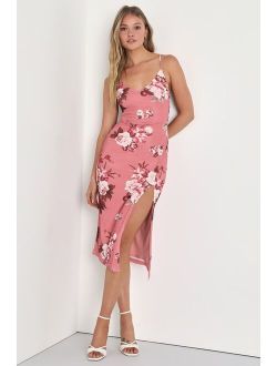 Sweet Confidence Mauve Pink Floral Lace-Up Midi Dress