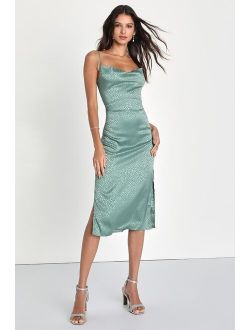 Total Stunner Sage Green Satin Jacquard Cowl Neck Midi Dress