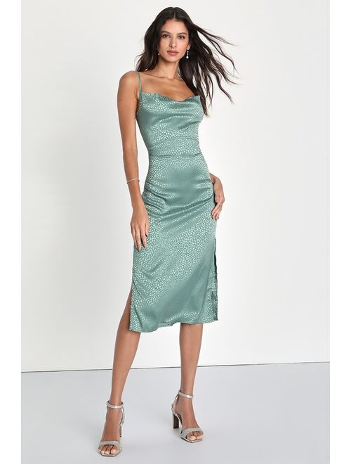 Lulus Total Stunner Sage Green Satin Jacquard Cowl Neck Midi Dress