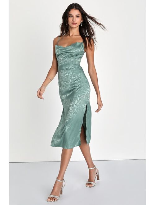 Lulus Total Stunner Sage Green Satin Jacquard Cowl Neck Midi Dress