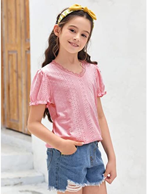 Miladusa Girls Summer Shirts Short Sleeve Lace Trim Tops V Neck Casual Blouse T-Shirt for 5-14 Years Kids