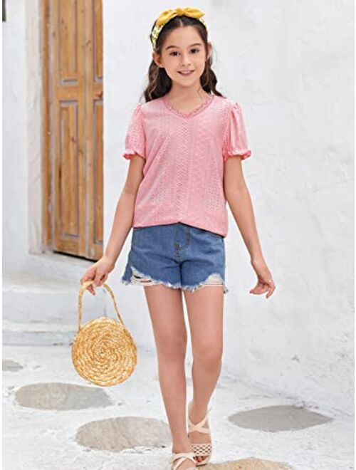 Miladusa Girls Summer Shirts Short Sleeve Lace Trim Tops V Neck Casual Blouse T-Shirt for 5-14 Years Kids