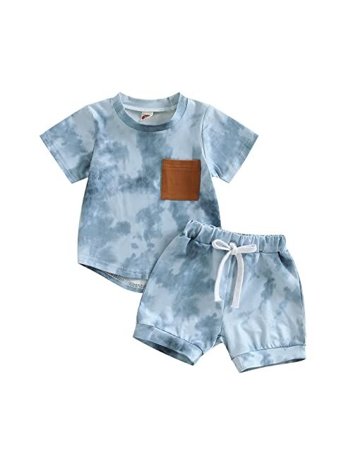 Aeemcem Toddler Baby Boys Summer Clothes Tie Dye Short Sleeve/Sleeveless T-Shirt Tank Top Elastic Waist Shorts Outfit Sets