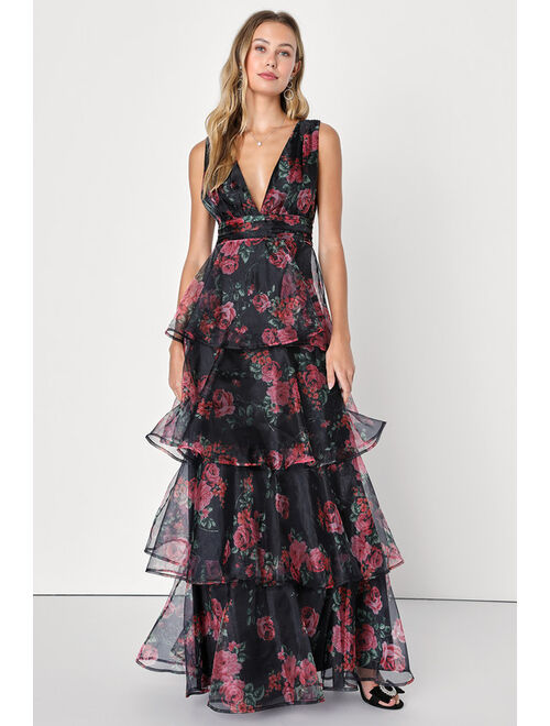 Lulus Garden Radiance Black Floral Print Organza Tiered Maxi Dress