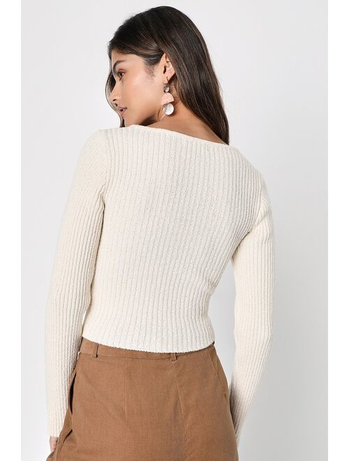 Lulus Casually Brilliant Cream Ribbed Knit Long Sleeve Top