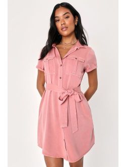 Everyday Adorable Rose Pink Button-Up Shirt Dress With Pockets