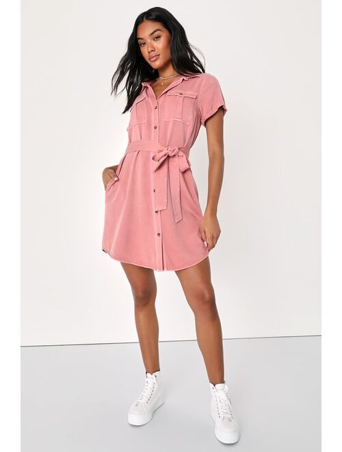 Lulus Everyday Adorable Rose Pink Button-Up Shirt Dress With Pockets