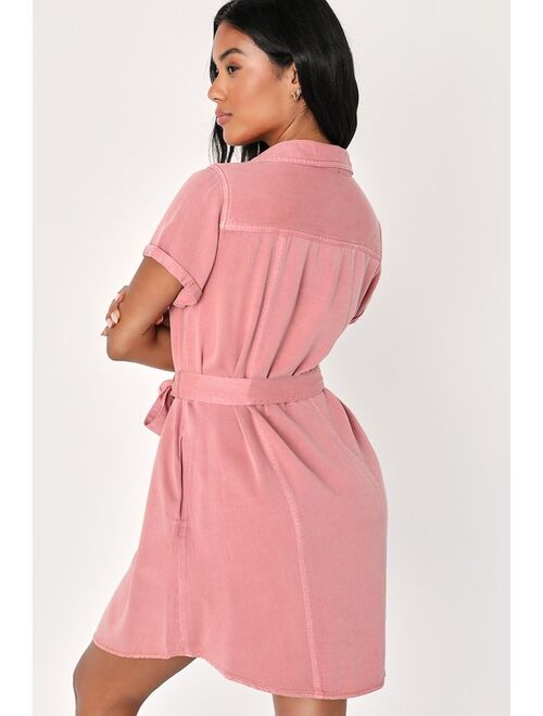 Lulus Everyday Adorable Rose Pink Button-Up Shirt Dress With Pockets